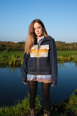 Model wearing blue denim jacket