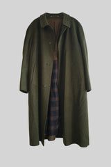 Green overcoat with plaid lining on a light gray background